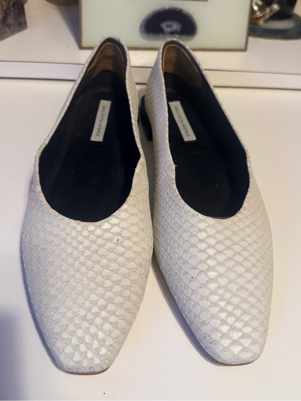 Saks Fifth Avenue Snake embossed leather ballet flats White